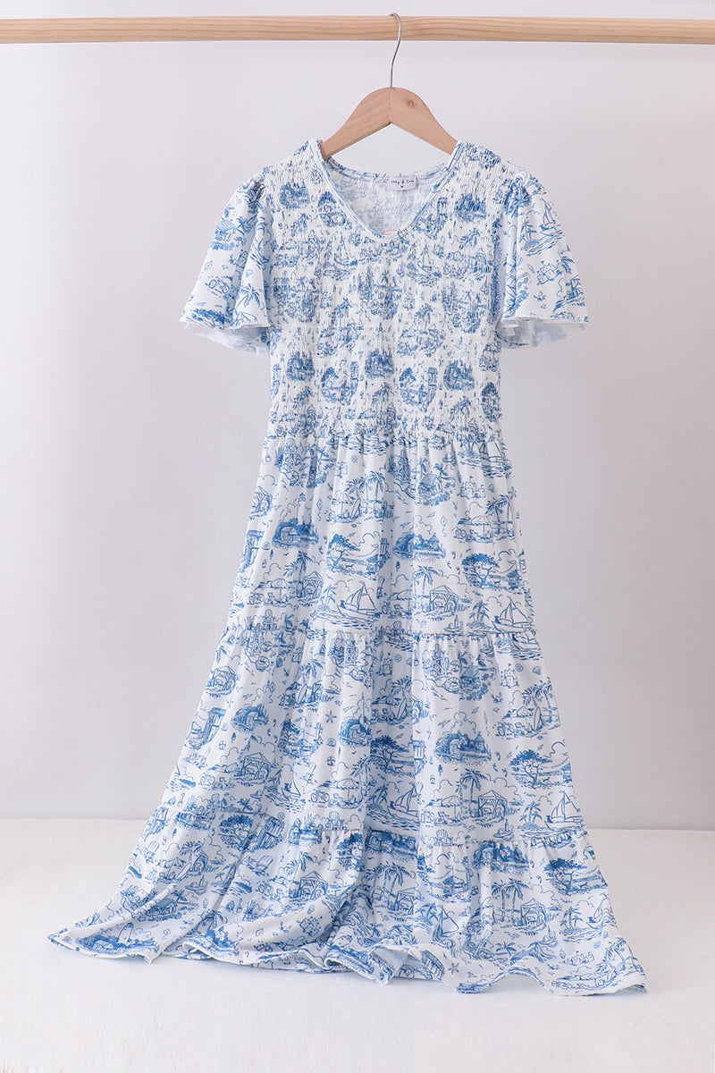 Blue beach sea smocked women dress